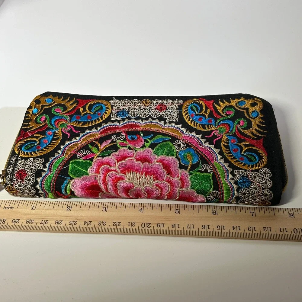 Floral Embroidered Wallet Black Zip‎ Around Organizer Women's Flower Boho Peony